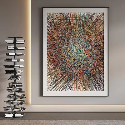Vibrant Abstract Painting In Modern Interior With Bookshelf 3d model