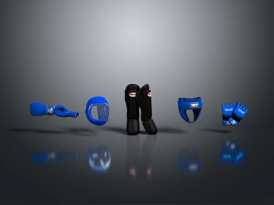 Professional Boxing Equipment Collection Featuring Blue Black Gloves Helmet and Shin Guards Set 3d model