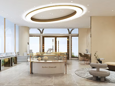 Modern Luxury Jewelry Store Interior Design With Circular Ceiling Light Natural Light And Display Cases 3d model