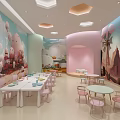 Kids Friendly Restaurant Interior With Cartoon Mural Light Blue White Decor Round Tables And Blue Chairs