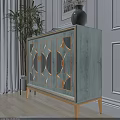 Modern Sideboard With Geometric Patterns Gold Trim Wooden Surface By Plant Vase And Wall Art