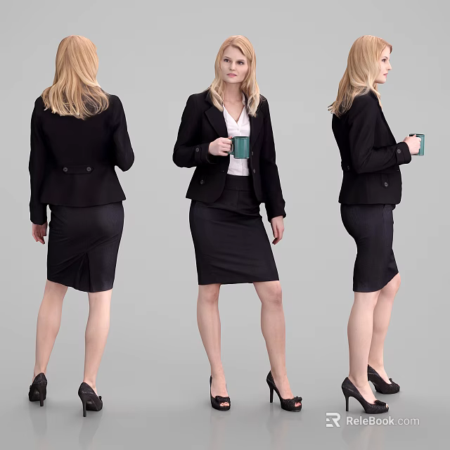 Professional Woman In Black Suit Jacket Skirt And Heels Holding Green Mug From Three Angles 3d model 