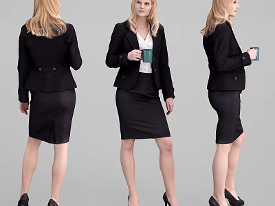 Professional Woman In Black Suit Jacket Skirt And Heels Holding Green Mug From Three Angles 3d model