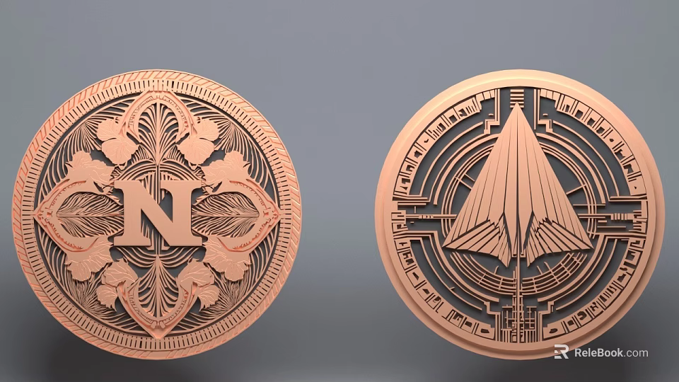 Copper Colored Round Jewelry Pieces With Intricate Patterns Letter N And Geometric Motifs 3d model 