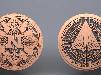 Copper Colored Round Jewelry Pieces With Intricate Patterns Letter N And Geometric Motifs 3d model