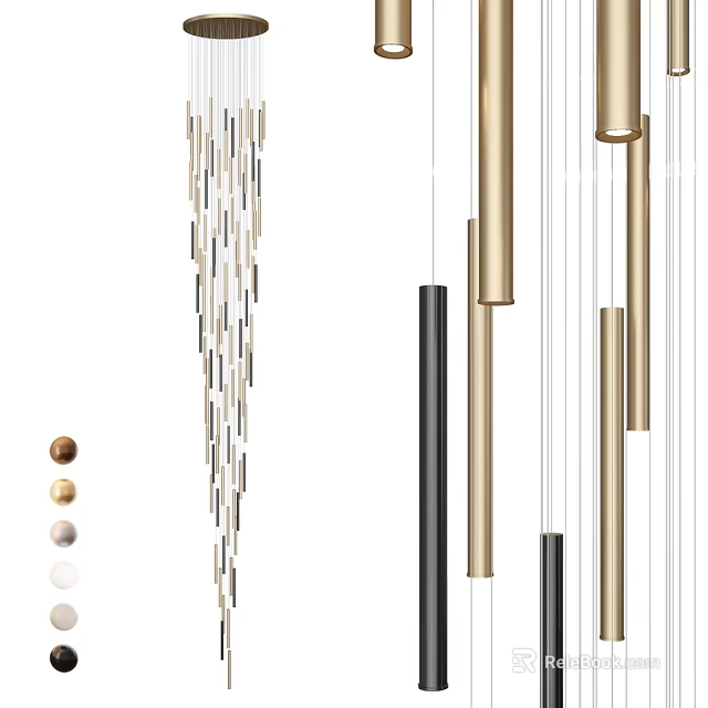 Stylish Modern Metal Chandeliers With Gold Black Hanging Rods And Cylindrical Strips 3d model 