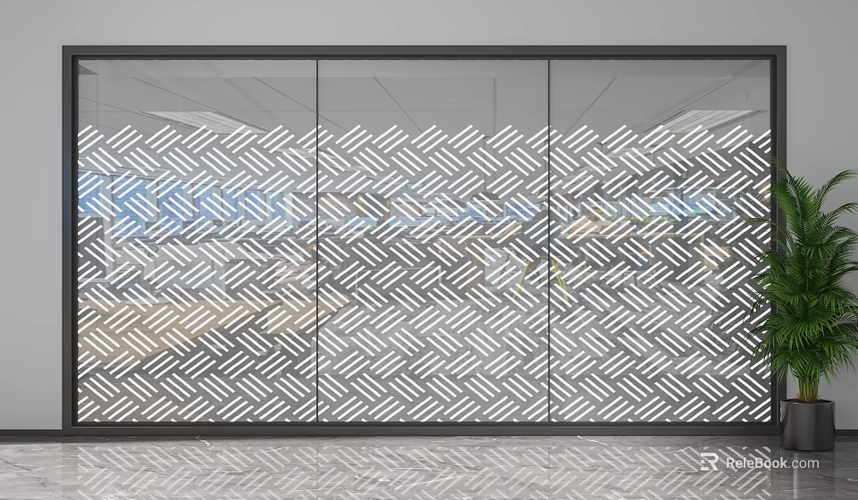 Modern Glass Partition With Herringbone Pattern For Office Interior Space 3d model 