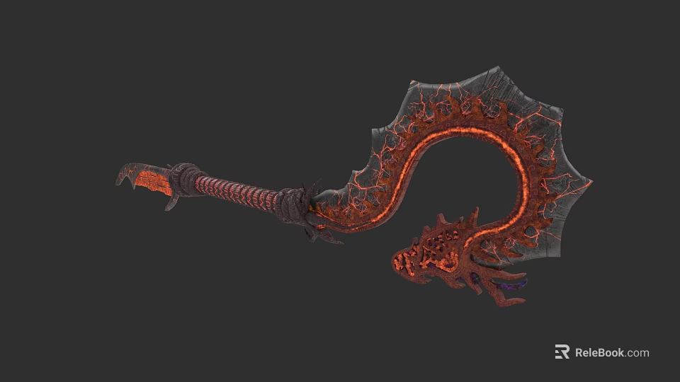 Flaming Curved Fantasy Weapon With Dragon Themed Design And Lava Red Accents 3d model 