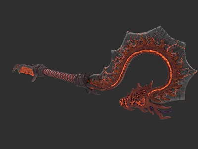 Flaming Curved Fantasy Weapon With Dragon Themed Design And Lava Red Accents 3d model