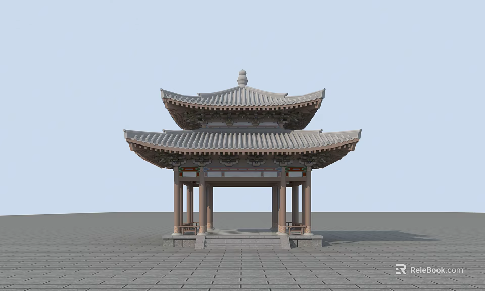 Traditional Chinese Two Story Pavilion With Curved Eaves Wooden Tiled Roof And Brick Paved Ground 3d model 