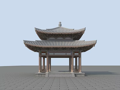 Traditional Chinese Two Story Pavilion With Curved Eaves Wooden Tiled Roof And Brick Paved Ground 3d model