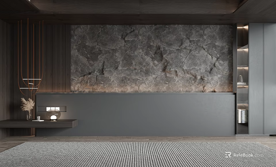 Modern Minimalist Sofa Background Wall With Stone Texture And Shelves 3d model