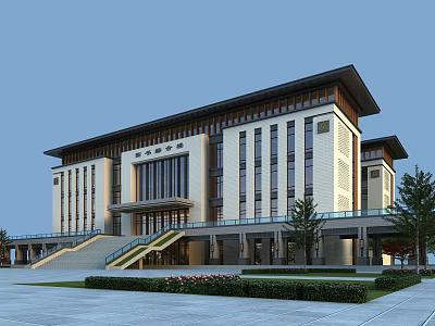 Modern Office Building Exterior With Dark Roof Large Windows Front Steps Lawn Shrubs And Trees 3d model