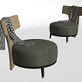 Modern Single Sofa Round Design Olive Green Fabric Brown Leather Armrests Black White Checkered Throw