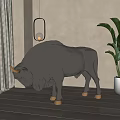 Grey Bull Sculpture With Golden Hooves For Interior Decoration And Home Art