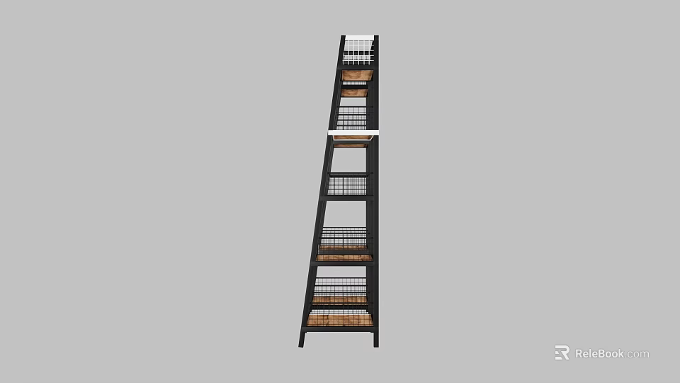 Tall Multi Tiered Shelving Unit With Black Frame And Wooden Wire Racks 3d model 