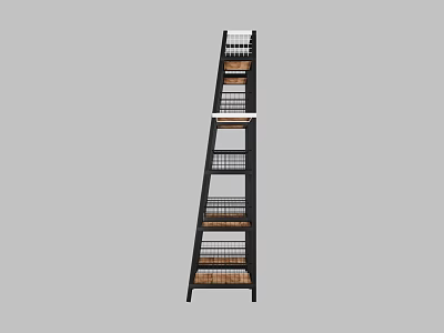Tall Multi Tiered Shelving Unit With Black Frame And Wooden Wire Racks 3d model