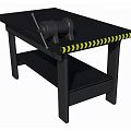 Sturdy Black Workbench With Bench Vice And Yellow Black Warning Stripes 3d model