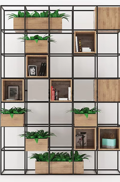 Bookcase with Black Metal Frame Wooden Shelves Green Plants Books Photo Frames Light Blue Decor 3d model