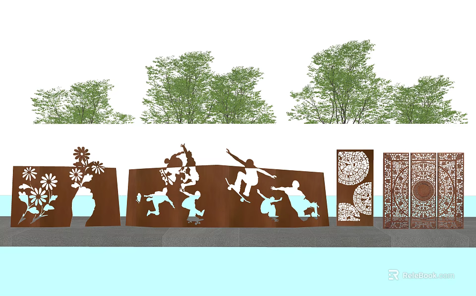 Artistic Landscape Feature Wall With Flower Patterns Children Playing Silhouettes And Laser Cut Designs 3d model 