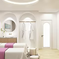 Yue Jiaoniang Reception Counter Area With White Cabinets Curved Column Circular Light And Green Plant