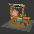 Colorful Mobile Candy Shop Cart With Orange Wheels Pink Stool And Potted Plants