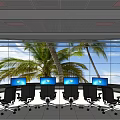 Monitoring Room With Curved Screen Showing Palm Trees Blue Sky Multiple Monitors Black Office Chairs