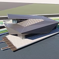 Modern Geometric Waterfront Building With Glass Curtain Wall Blue Sky And Water Surface