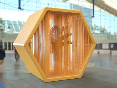 Yellow Hexagonal Art Installation With Transparent Vertical Strips And Hand Pattern In Indoor Public Space 3d model