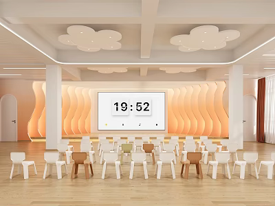 Modern Kindergarten Interior With Cloud Shaped Ceiling Wavy Walls Clock Small Chairs And Wooden Floor 3d model