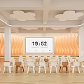 Modern Kindergarten Interior With Cloud Shaped Ceiling Wavy Walls Clock Small Chairs And Wooden Floor