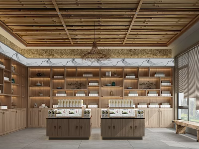 Cultural Center Interior With Wooden Ceiling Bookshelves Display Cabinets And Blinds 3d model