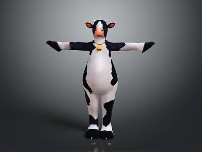 Black And White Cartoon Cow Character Standing With Outstretched Arms And Bell 3d model