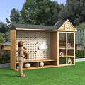 Outdoor Wooden Kids Toy Storage Cabinet With Perforated Board Cloud Decoration And Glass Doors