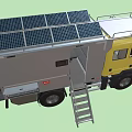 Yellow Utility Truck With Solar Panels On Roof Side Ladder And Equipment