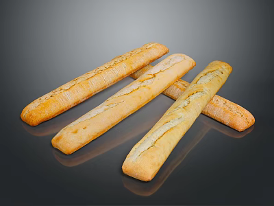 Long Fresh Crusty Golden Baguettes Arranged On Black Reflective Surface 3d model