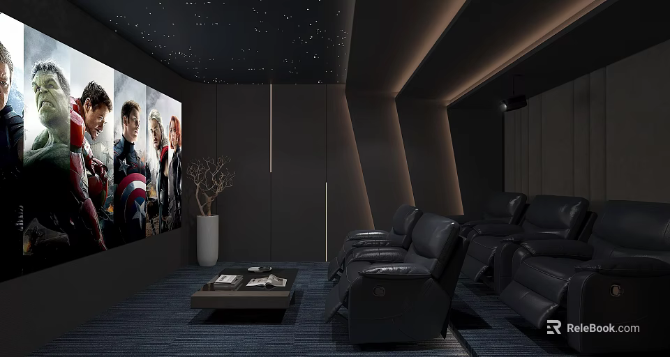 Home Theater Interior With Black Leather Seats Large Screen And Starry Ceiling 3d model