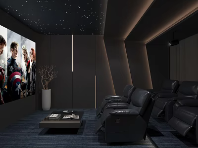Home Theater Interior With Black Leather Seats Large Screen And Starry Ceiling 3d model