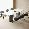 Modern Table and Chair Set with Marble Top Cylindrical Metal Base and Six Gray Chairs