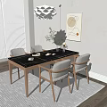 Modern Minimalist Wooden Dining Table Set with Light Gray Upholstered Chairs and Vase with Plants