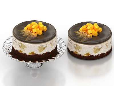 Delicious Chocolate Cakes with Dark Frosting Mango Chunks and Golden Leaf Decorations on Glass Platters 3d model