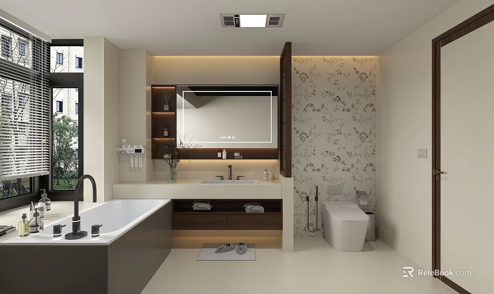 Modern Minimalist Bathroom Design With Freestanding Bathtub Smart Toilet Backlit Vanity Mirror And Warm Lighting 3d model 