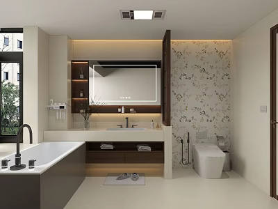 Modern Minimalist Bathroom Design With Freestanding Bathtub Smart Toilet Backlit Vanity Mirror And Warm Lighting 3d model