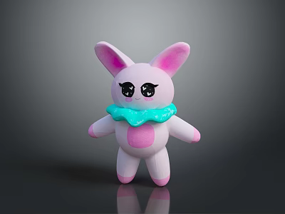 Cute Pink Rabbit Plush Toy With Big Black Eyes And Blue Bow On Reflective Surface 3d model