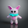 Cute Pink Rabbit Plush Toy With Big Black Eyes And Blue Bow On Reflective Surface