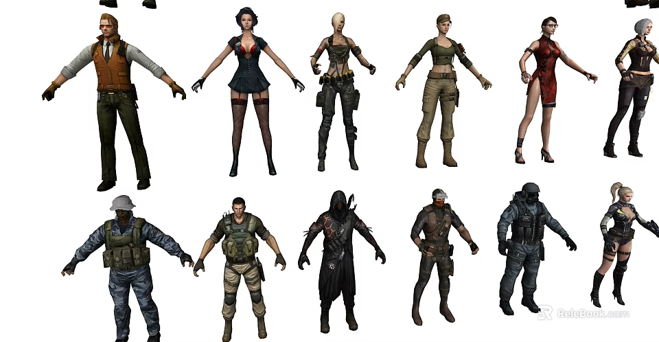 Various Character Outfits Showcasing Different Styles From Tactical To Casual Wear 3d model 