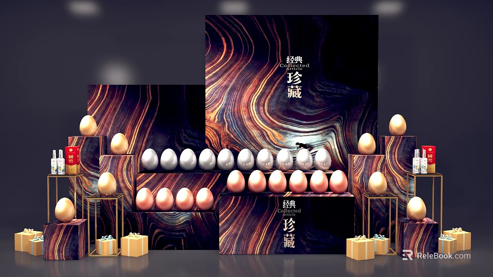 Pine Cone Collection Display With Different Colored Eggs Marble Background And Golden Decorations 3d model