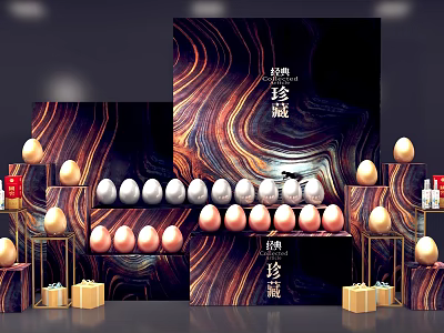 Pine Cone Collection Display With Different Colored Eggs Marble Background And Golden Decorations 3d model