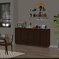 Modern Wooden Dining Sideboard With Microwave Toaster Vase Fruits And Upper Shelf In Dining Area