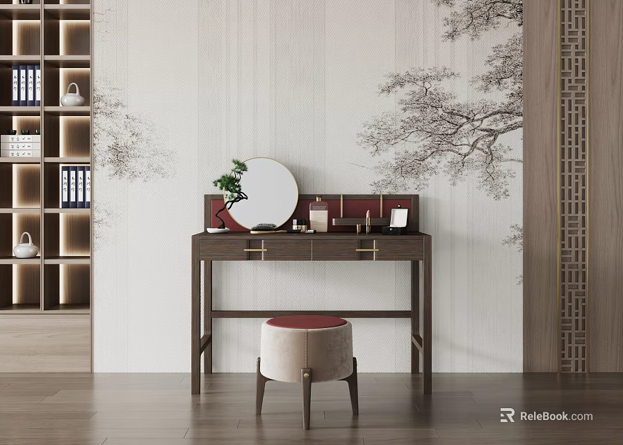 Elegant Modern Dressing Table With Round Mirror Stool And Floral Wall Decor 3d model